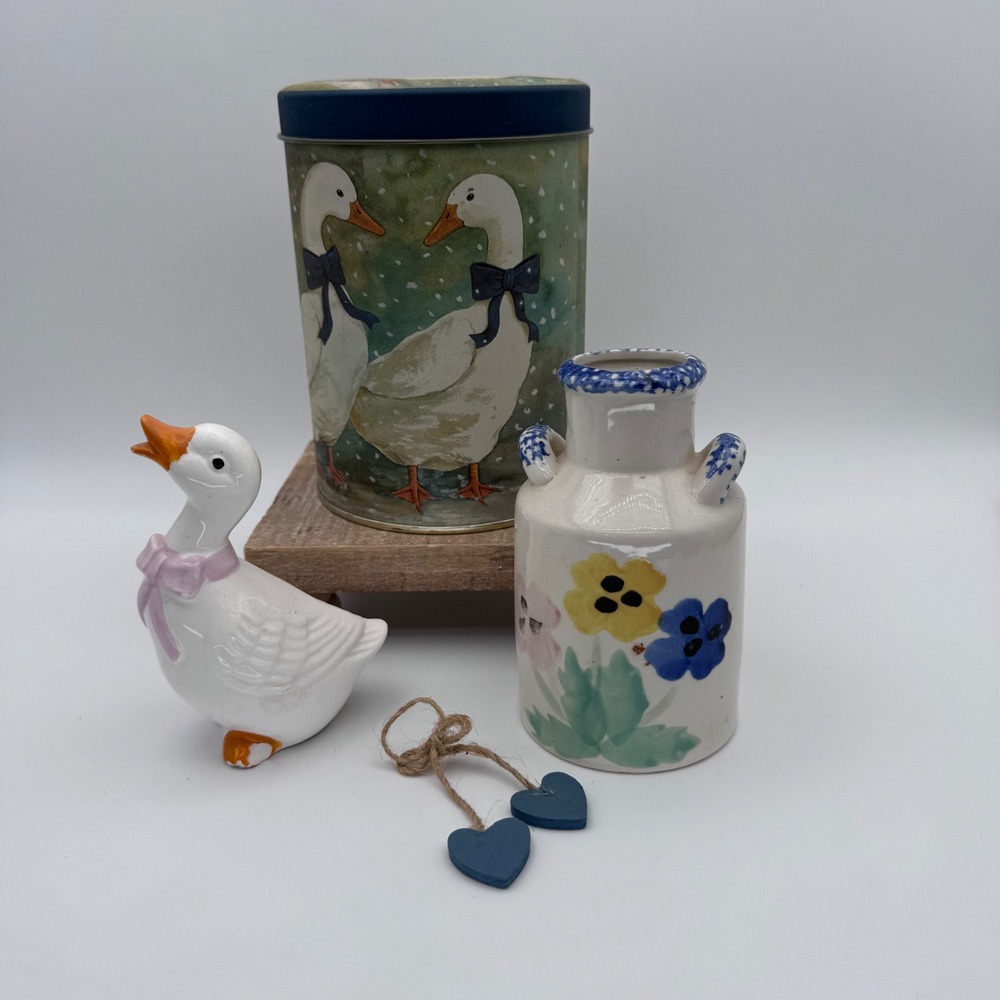 Vintage Country Goose Decor Bundle Ceramic Figurine Floral Vase Tin